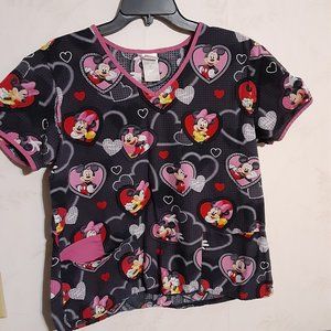 Disney Women's Mickey & Minnie Mouse 3 Pocket Scrub Top